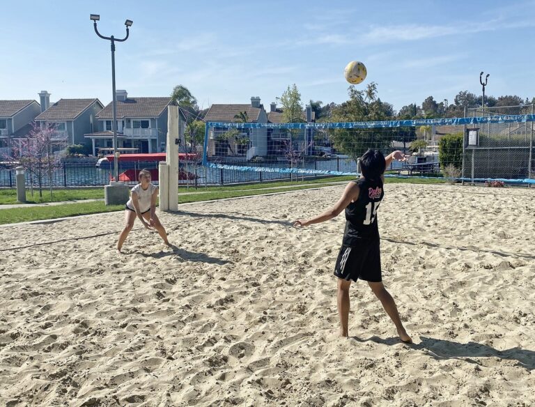 Basketball, Badminton, Pickle ball and Volleyball! We have a great sand volleyball court with the finest nets and balls in Orange County. Balls and equipment are available for checkout at the Front Desk in the Clubhouse. We have 3 hoops enclosed in our lighted basketball court. Basketballs are available for checkout at the Front Desk.